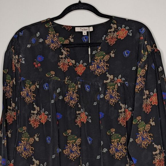 Tucker Bohemian Blouse Japanese Garden in Crepe de Chine Black Silk Floral - Picture 2 of 10